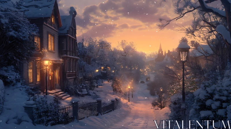 Snowy village street glows beneath a tranquil winter sunset.