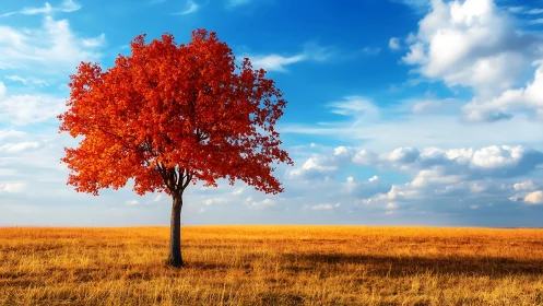 Solitary autumn tree glows against a vivid blue sky.