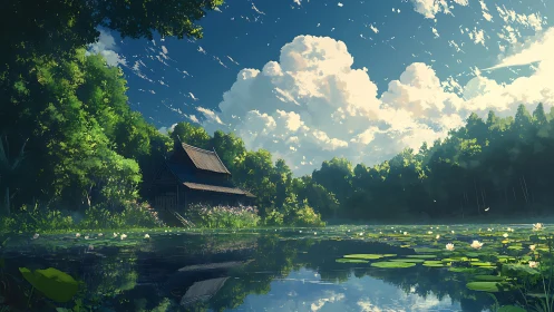Digital painting of lakeside forest shrine with luminous sky.