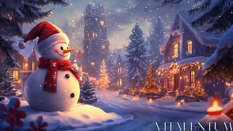 Snowman overlooks festive village street under falling snow