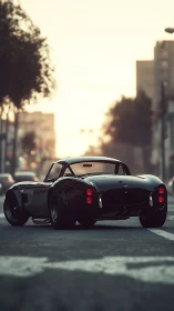 Black sports car on city street at sunset, rear perspective.