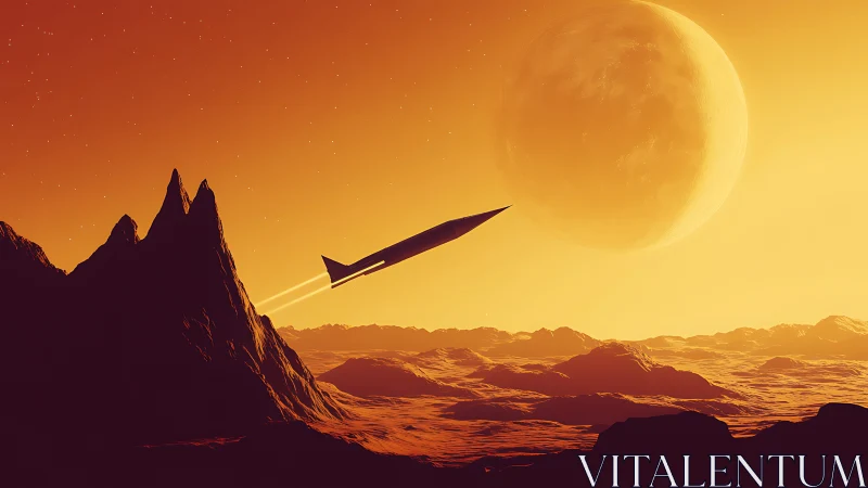 Rocket over rugged alien terrain under large distant moon.