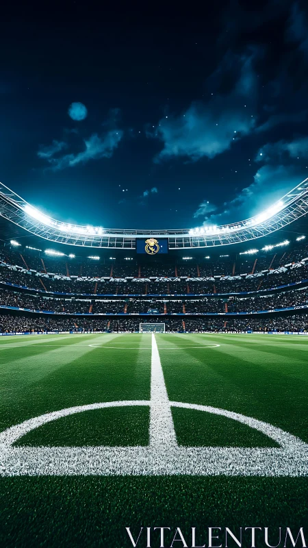 Illuminated football stadium pitch under dramatic night sky.
