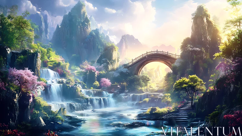 Sunlit stone bridge arches over serene fantasy waterfalls