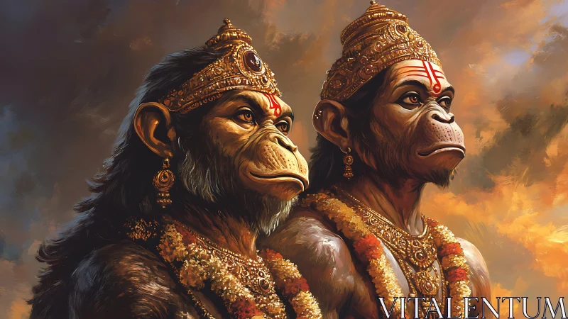 Regal monkey deities gaze into a fiery celestial horizon