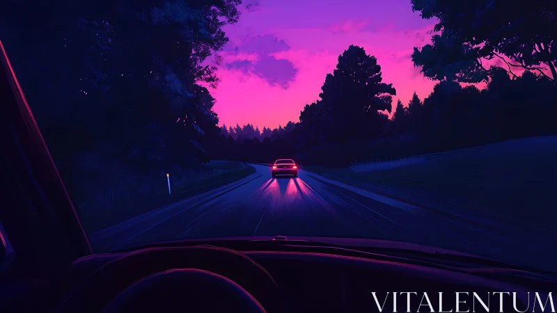 Night highway drive under magenta and blue sky at dusk.