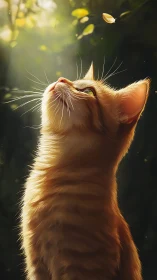Orange tabby kitten observing floating petal outdoors.
