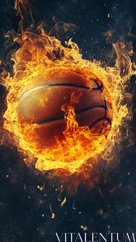 Basketball is rendered engulfed by flames against dark space