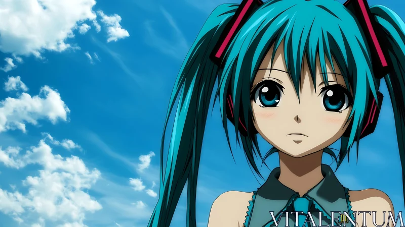 Blue haired anime girl under bright daytime sky.