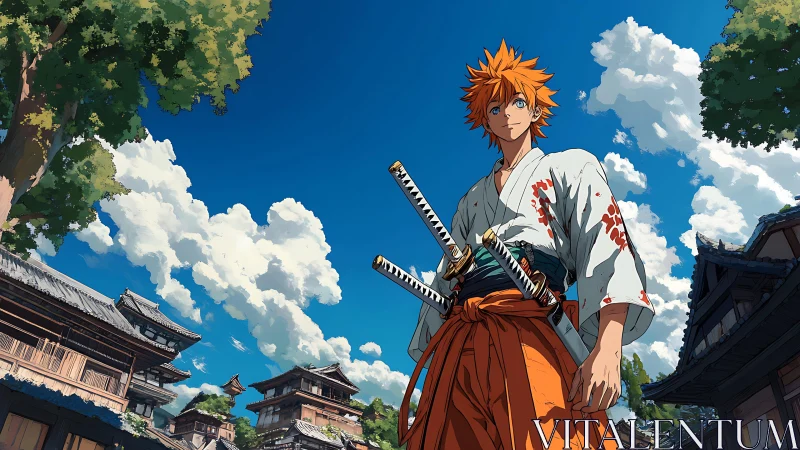 Orange-haired samurai swordsman in Edo street under vivid sky