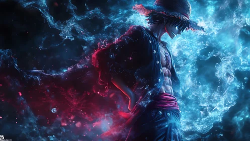 Straw-hatted warrior amid glowing blue and red energy storm.