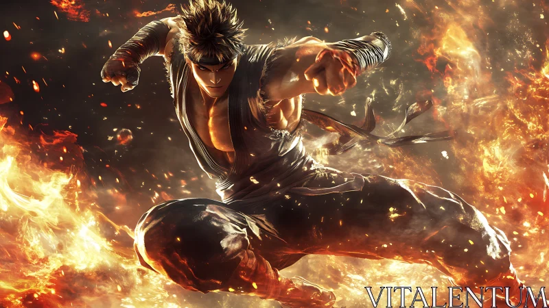 Martial artist fighter lunges forward through raging fire.