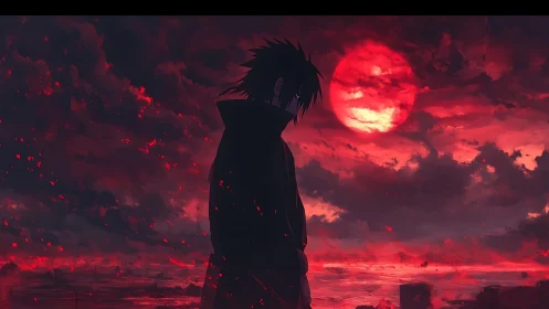Brooding anime wanderer beneath a haunting crimson sky.