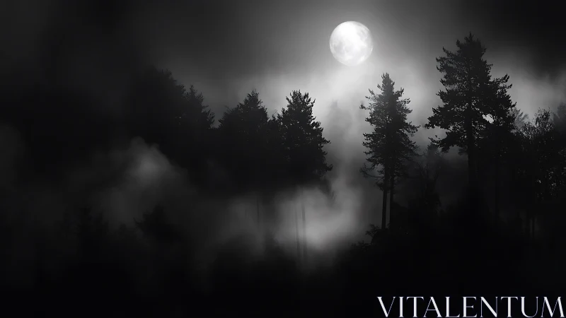 Monochrome lunar forestscape with atmospheric backlit mist.