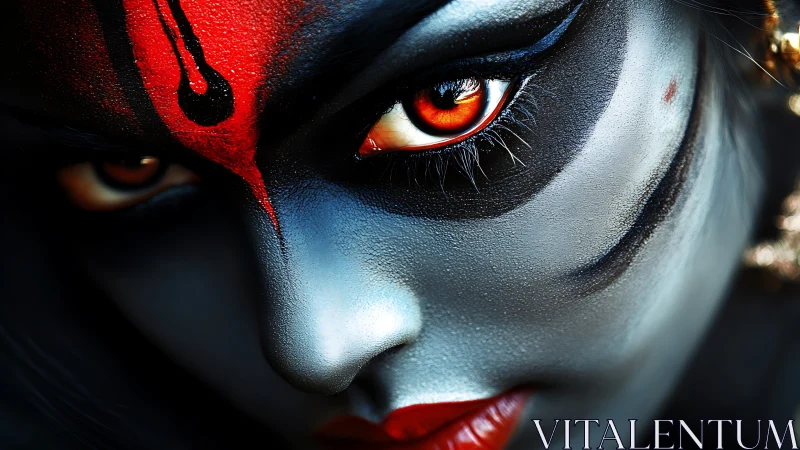 Fierce painted gaze turns midnight skin into burning storm