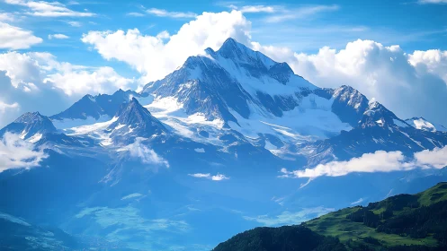 Snowcapped alpine peak under dramatic cloud-lit sky.