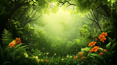 Lush Forest Clearing with Orange Flowers and Morning Light