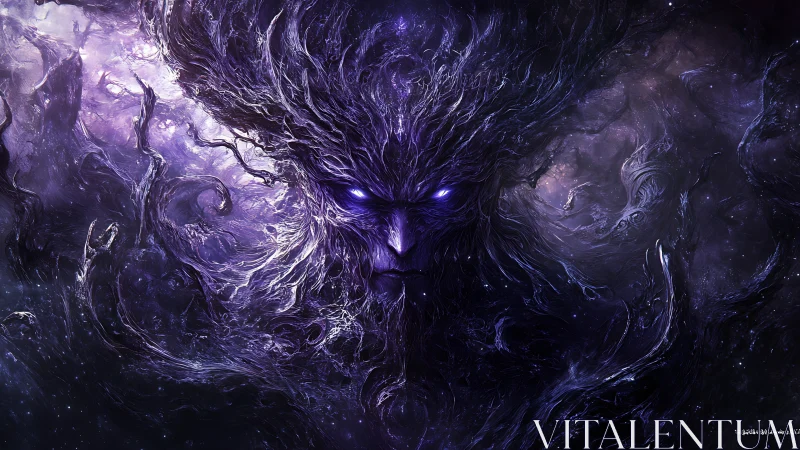Cosmic void entity emerges with glowing violet eyes.