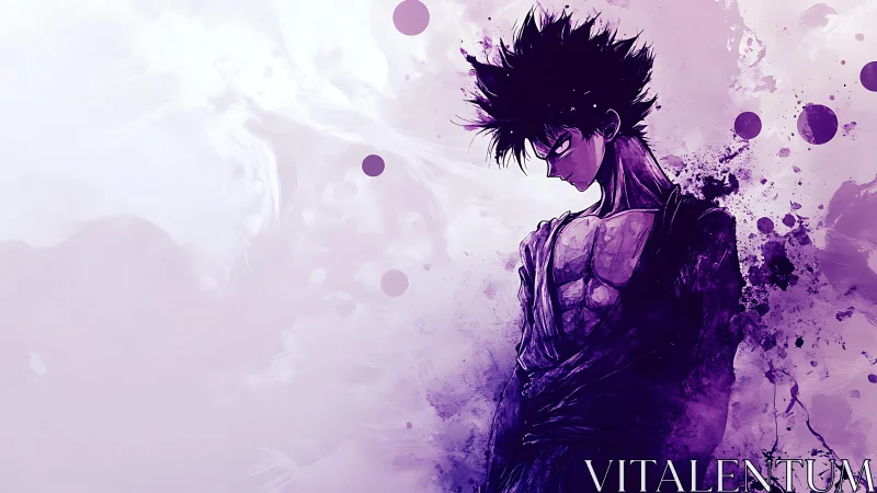 Purple anime warrior with intense gaze and dark energy.