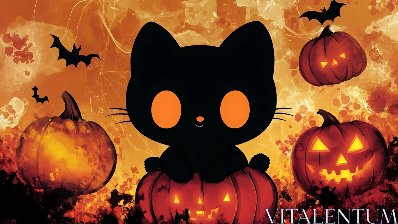 Black Cat and Jack-o'-Lanterns Against Textured Orange Background.