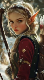 Elf archer in snowy forest environment, rear three-quarter view.