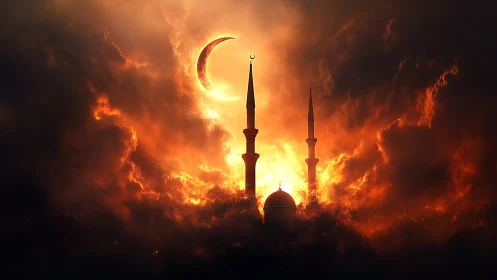 Fiery crescent moon crowns mosque spires in stormy heavens