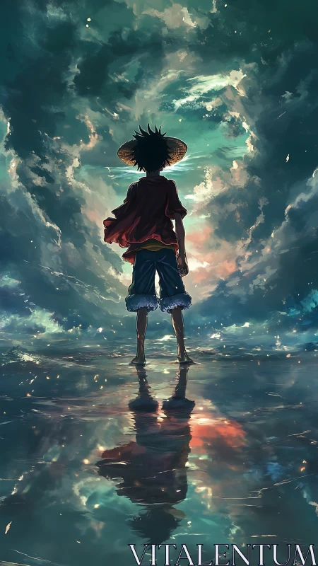 Silhouetted wanderer facing storm-split sky reflection.