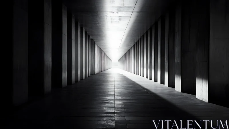Symmetrical corridor recedes toward a distant light source.