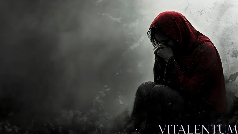 Hooded figure crouches in shadowed fog, face hidden in hands