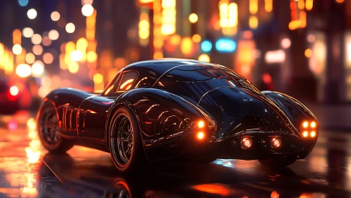 Retro-futuristic black coupé on neon-lit wet city street