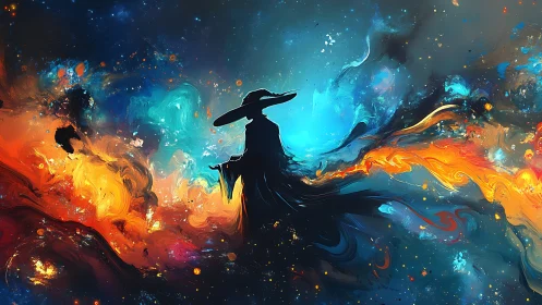 Silhouetted robed figure amid abstract cosmic colors.