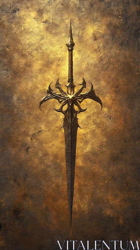 Ornate dark sword centered on textured gold backdrop.