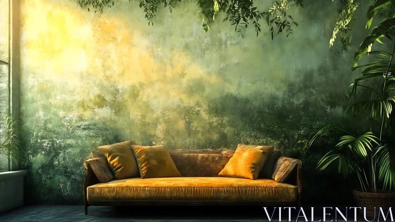 Sunlit velvet sofa anchors lush, nature-inspired living room.