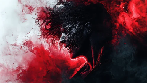 Tormented demonic profile erupts from swirling red smoke