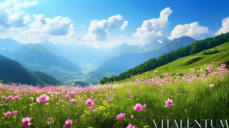 Sunlit wildflower meadow opening to peaceful mountain views.