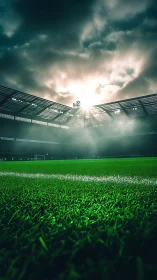Storm-lit pitch where green thunder waits for kickoff.
