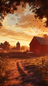 Golden hour drifts over a sleepy red barn and winding lane.