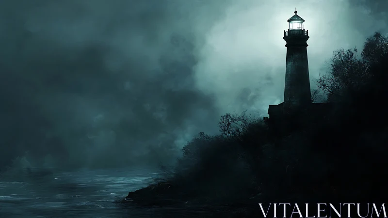 Lighthouse tower projects strong beam through dense night fog