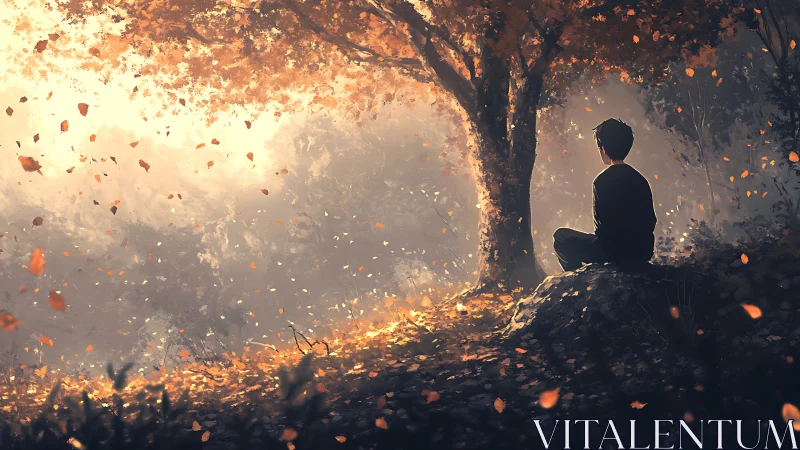 Silent boy beneath autumn ember tree, dreaming inward worlds.