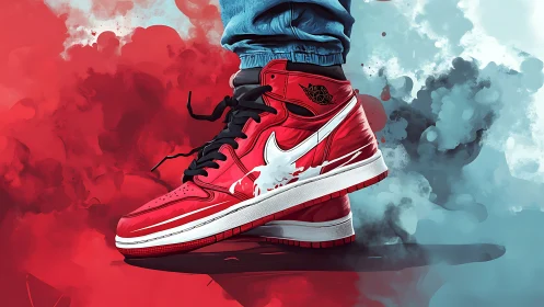 Street-bred scarlet sneakers surfing a painted stormscape.