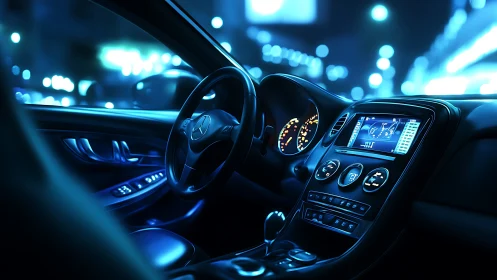 Luxury car cockpit glows with neon blue city lights at night.