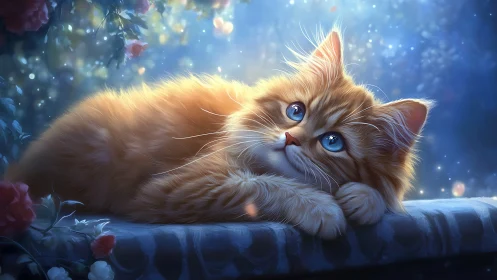 A Serene Kitten's Magical Starlit Moment.