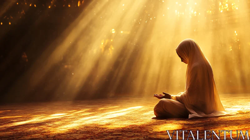 Woman in Hijab Praying in Golden Sunlight, Serene Spiritual Scene.