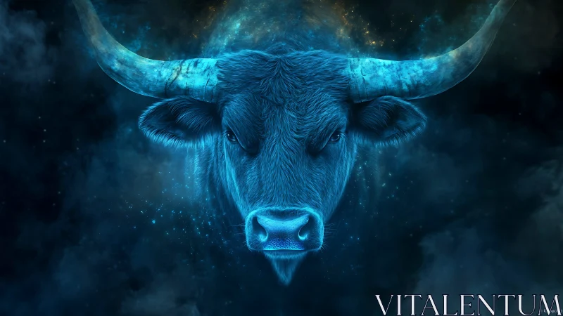 Starlit celestial bull gazes calmly through glowing blue night