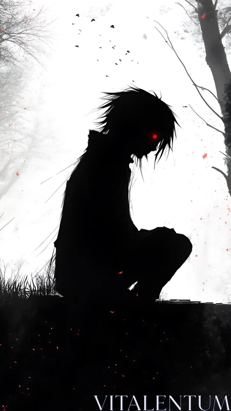 Silhouetted figure with red eyes in stark forest contrast.