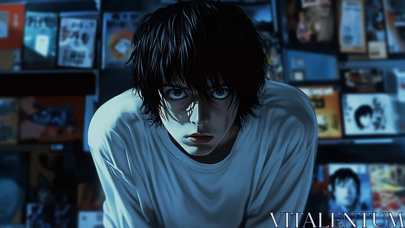 Young person leans forward in dim shop interior