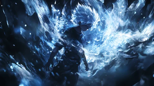 Icy haired anime warrior amid erupting blue ethereal energy