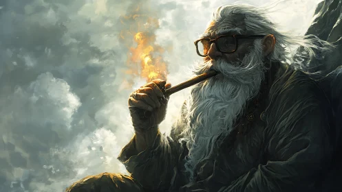 Mountain sage with ember-lit pipe adrift in roaming sky.