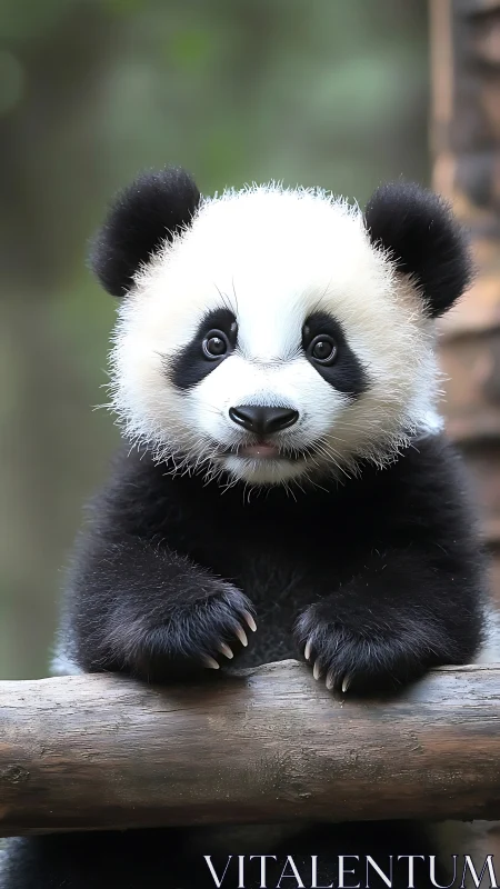 Wide eyed baby panda perched on a log of gentle wonder.