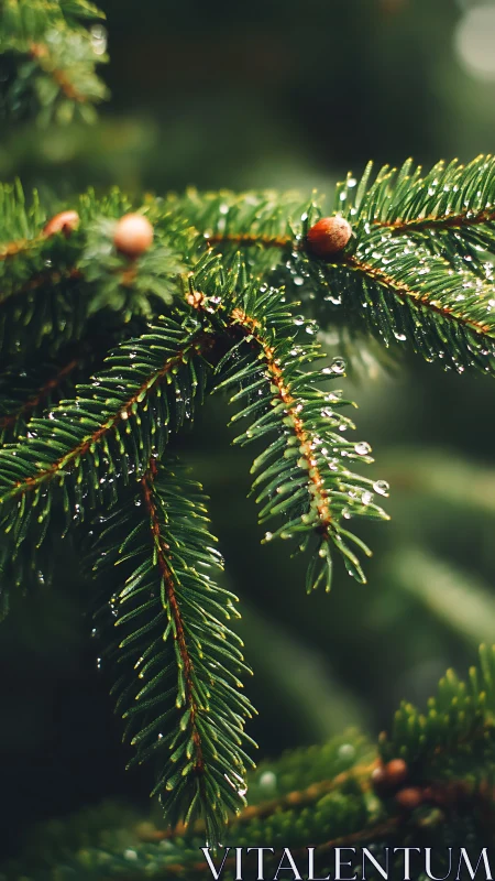 Close evergreen needles hold dewdrops under soft forest light